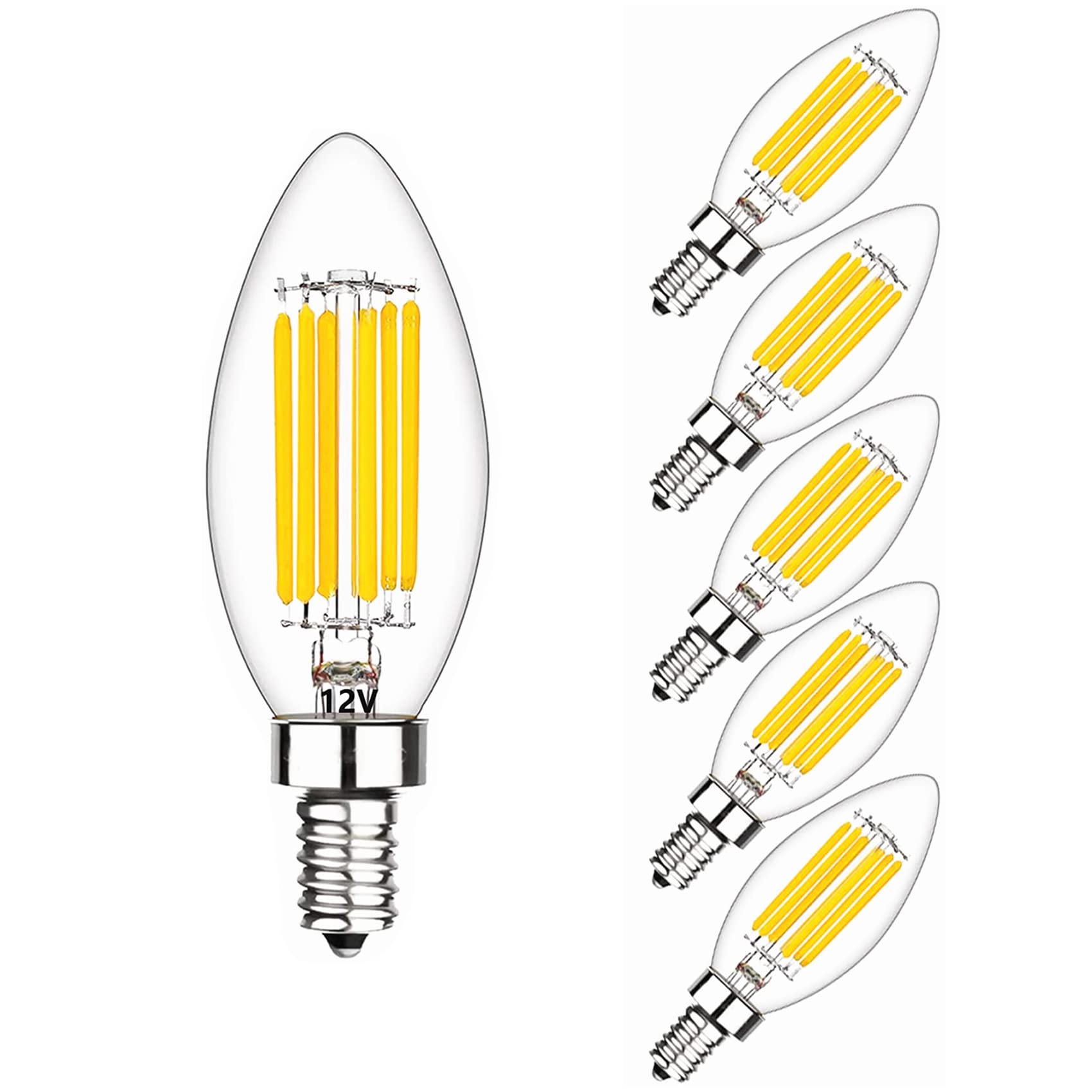 Photo 1 of SHUWDKAR Low Voltage Bulbs 12 Volt Candelabra Base LED Bulbs, 12V Candelabra LED Light Bulb 6W (60W Equivalent) Soft White 3000K E12 Base DC 12V 24V, 6 Pack