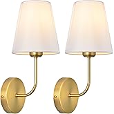 LEECOORA Antique Brass Hardwired Wall Sconce Set of 2 - Gold Finish with White Fabric Shades，Bedroom Lighting, Living Room, F