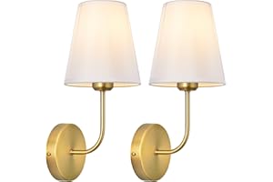 LEECOORA Antique Brass Hardwired Wall Sconce Set of 2 - Gold Finish with White Fabric Shades，Bedroom Lighting, Living Room, F