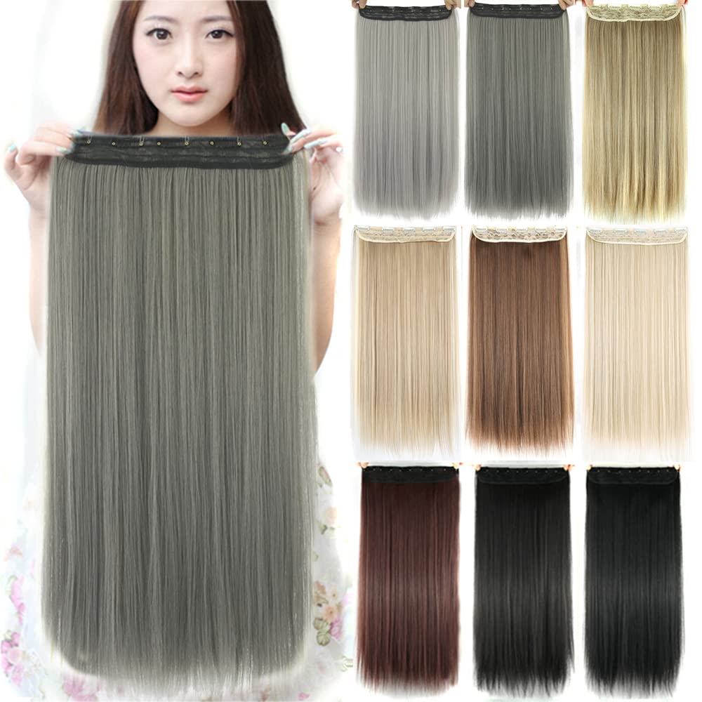 IMISSU Long Natural Thick Hair Straight Clip in on Synthetic Hair Extensions Hairpieces for Women (28 Inch,Dark Gray)