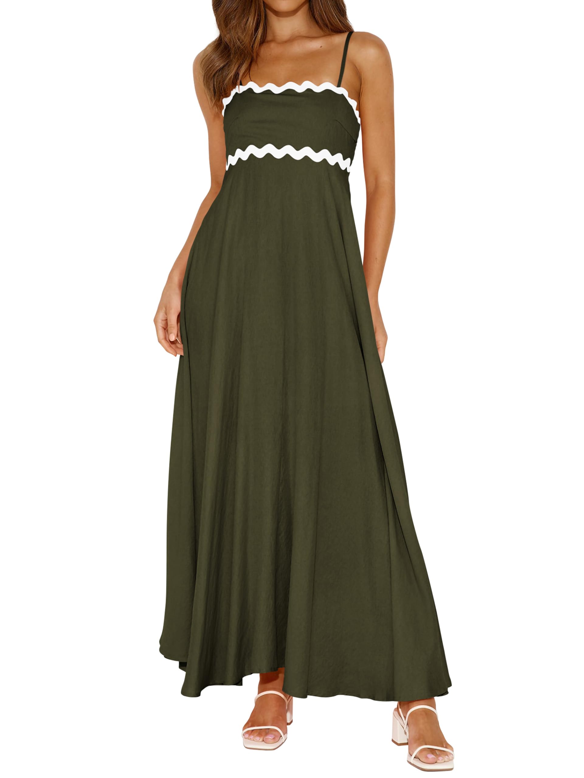 Photo 1 of PRETTYGARDEN Womens Spaghetti Strap Maxi Dresses 2025 Summer Casual Sleeveless Smocked Boho A Line Long Flowy Beach Sundress(Army Green,Medium)