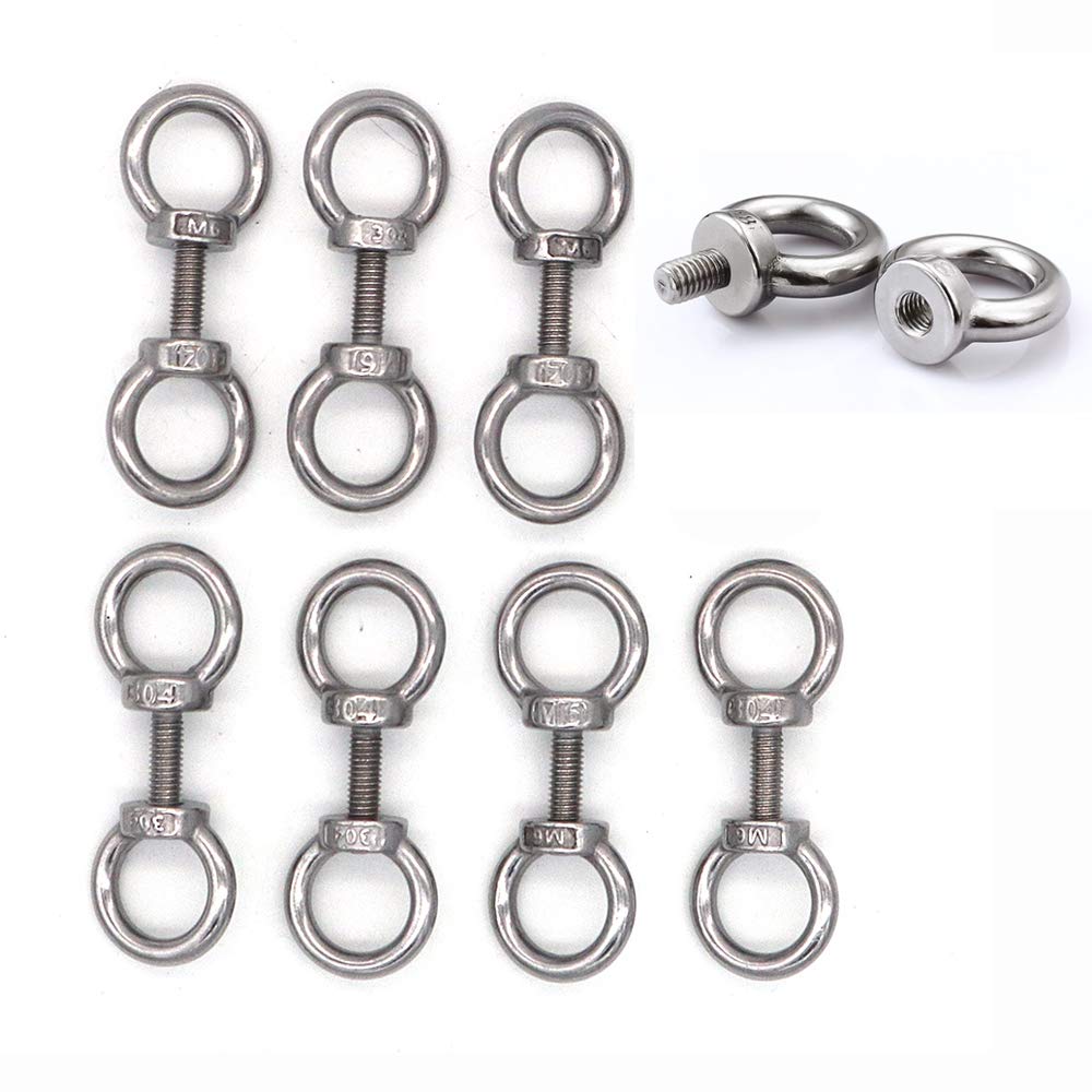 Set of 8 NUZAMAS 304 Stainless Steel M6x20mm Shoulder Eye Bolts, Closed Hook, Heavy Duty Eyebolts