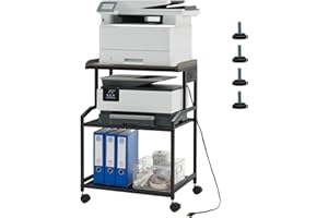 LAUREN HAROLD Lauren&Harold 34'' Printer Stand with Storage 3-Tier Printer Table with Power Outlets and USB Ports, Rolling Printer Cart with Adjustable Shelf, Large Black Printer Stand with Wheels for Home Office
