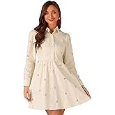 Allegra K Women's Shirt Dress Long Sleeve Collared Floral Embroidered Casual Mini Dresses