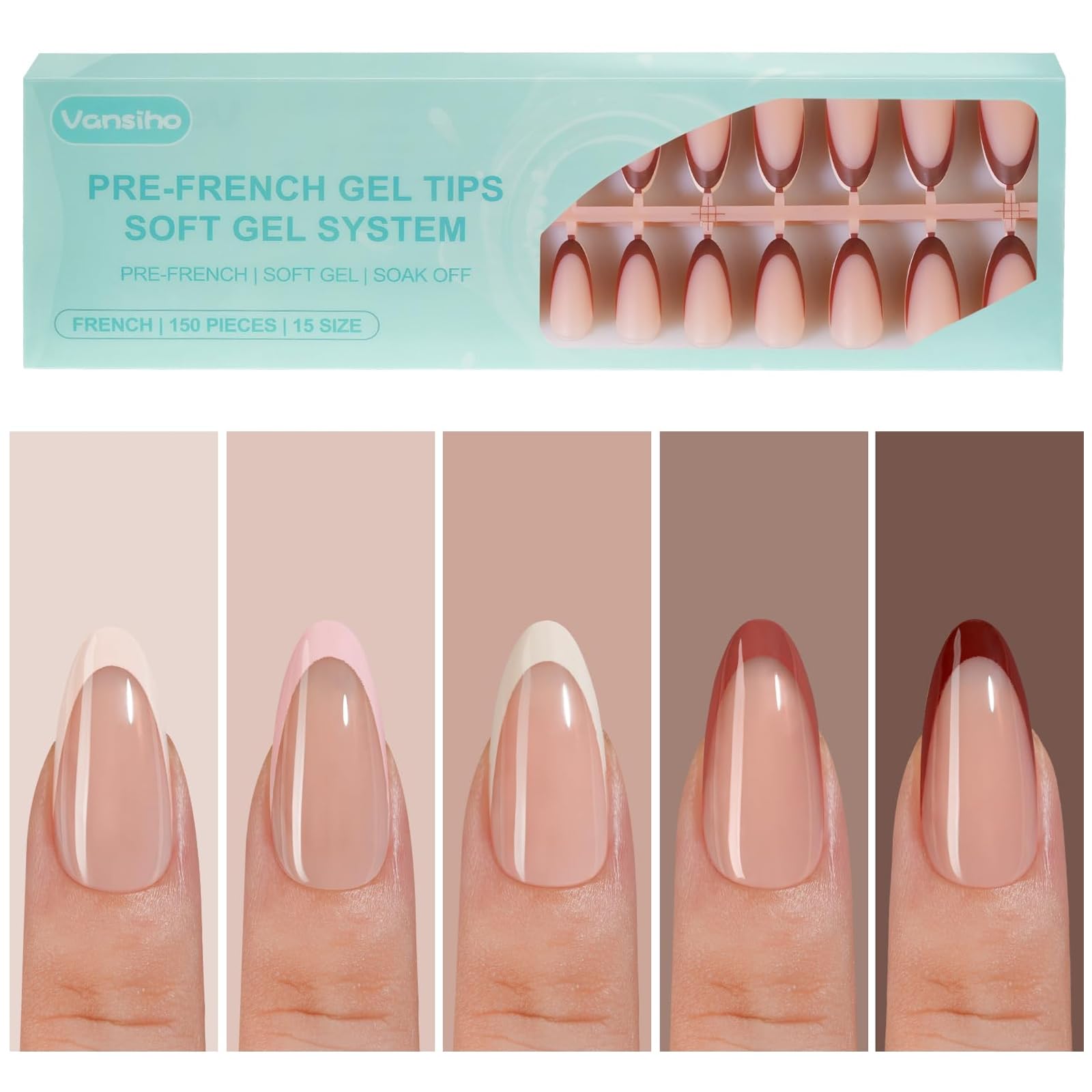 Photo 1 of 150Pcs French Gel Nail Tips Almond, Vansiho Medium Nail Tips, Pre-French Tips Press on Nails, Acrylic Fake Nails for Nail Art DIY 15 Sizes