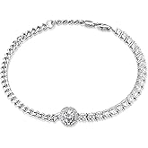 FANCIME Sterling Silver Curb Chain Tennis Bracelets for Women Halo Round Cubic Zirconia Bracelet Fine Jewelry Birthday Gifts for Women Her, Size: 7.87"