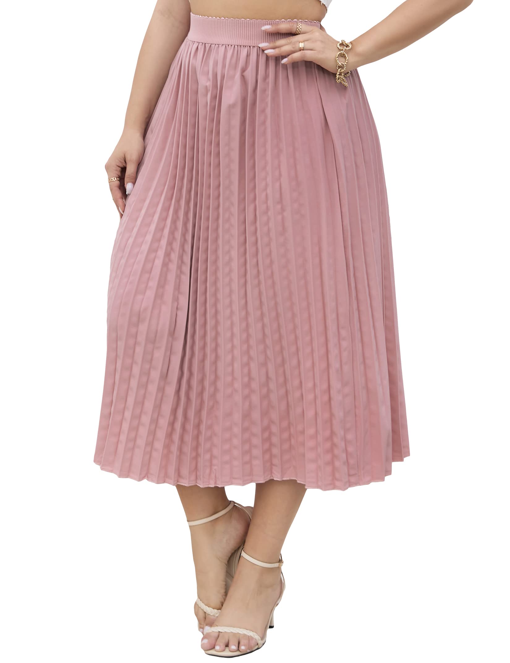 KOJOOIN Plus Size Pleated Skirt Women’s Plus Size Skirt Elastic Waist Boho Skirts Plus Size Midi Skirts for Curvy Women with Pockets (Dark Salmon,4XL)