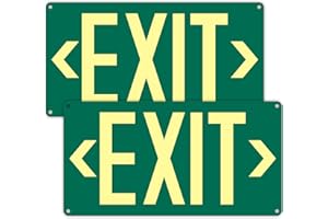 BMYTOO 2Pack Photoluminescent Exit Sign Green - 14.25"x 7.5" Aluminum Glow In The Dark- Adhesive Backing- Includes 4pcs Removable Arrows