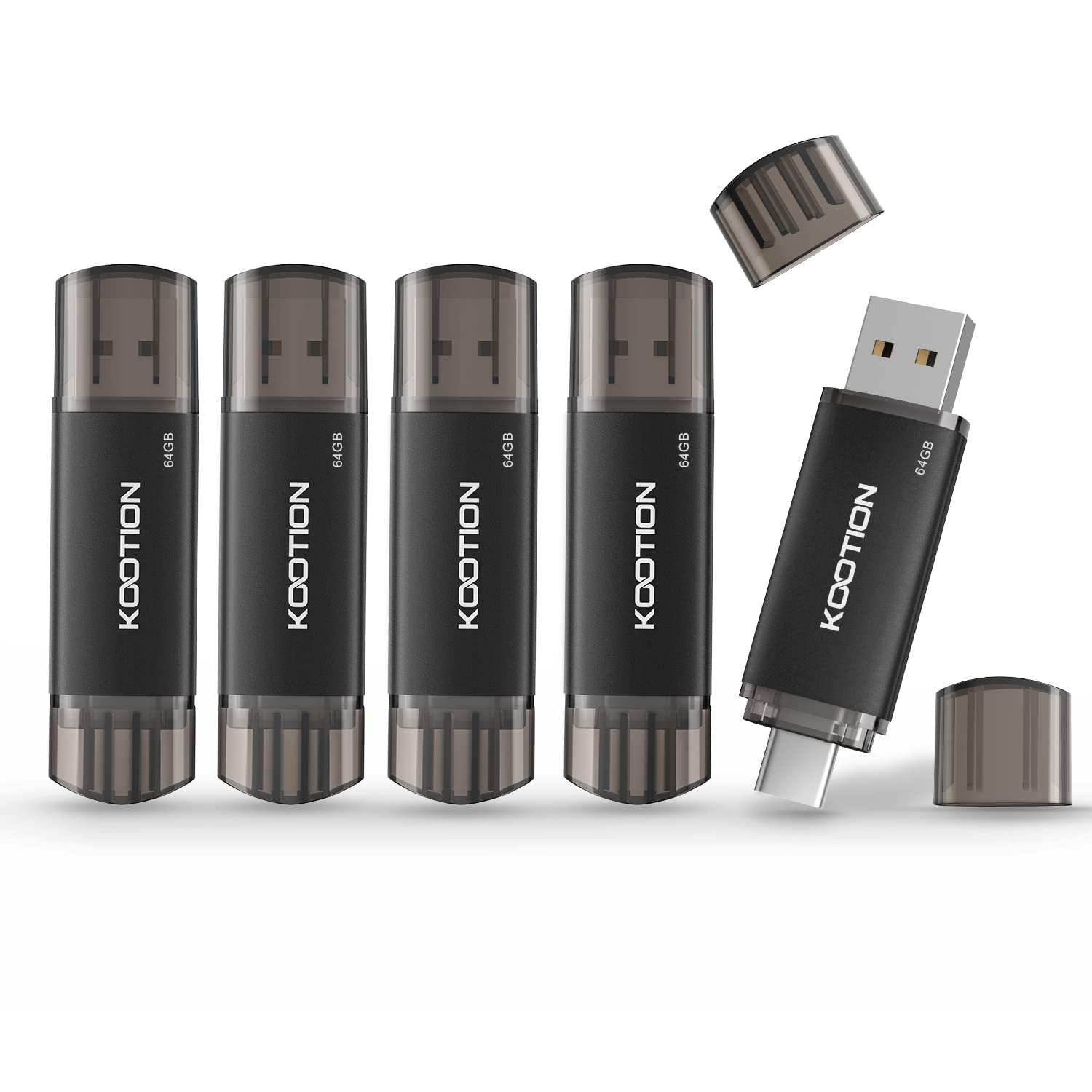 64 GB USB 2.0 Type C Stick 5-Pack, KOOTION 2-in-1 Dual Flash Drive USB A + USB C OTG Flash Drive for Android Smartphone Tablet Computer Laptop (Black)