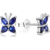 AGRULE Small Butterfly/Dragonfly Stud Earrings 925 Sterling Silver/14K Gold Plated Created Gemstone Birthstone Studs Hypoallergenic Ear Jewelry Gift for Her