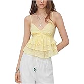 Women Ruffled Cami Tops Y2k Eyelet Lace Tank Top Cute Bow Detail Spaghetti Strap Solid Color Ruffled Hem Camisole