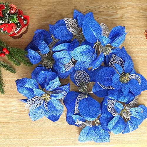 JOHOUSE 16PCS Christmas Glitter Artificial Poinsettia Flowers, 9inches Artificial Christmas Flowers Christmas Flowers for Christmas Tree Wreaths Ornaments (Blue)