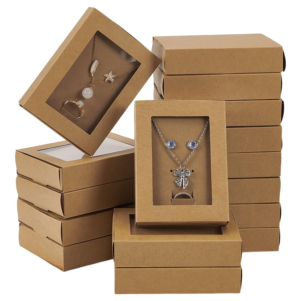 FINGERINSPIRE 16 Sets 11.5x8.5x2.5cm Jewelry Display Drawer Box with Clear Window Jewelry Necklace Boxes Kraft Paper Drawer Box Rectangle Gift Box for Jewelry Bracelet Rings Storage and Display