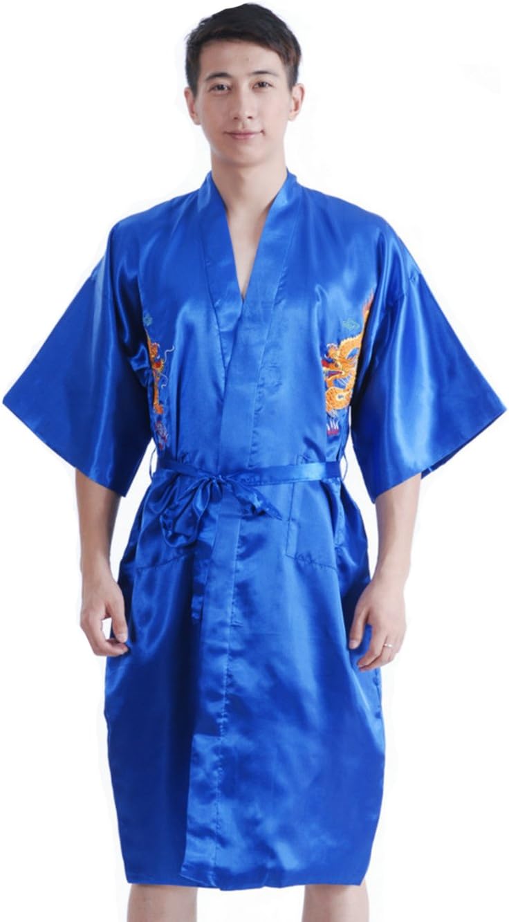 JTCMens Imitation Silk Kimono Bathrobe Dragon Embroidered Dressing Gown Sleepwear