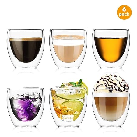 OAMCEG 6-teiliges Gläser-Set (Doppelwandig, isoliert, 0,08liters) transparent Domowin Espresso Glastassen Set für Tee, Latte,