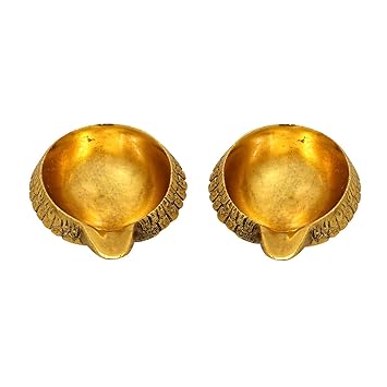 Rockshok Set of 2 Handmade Metal Diya Oil Lamp for Puja - Diya for Diwali Decoration - Engraved Dia for Home Temple Festival Gifts Puja Articles Decor - Diwali Lights (5 x 7 x 3 cm)