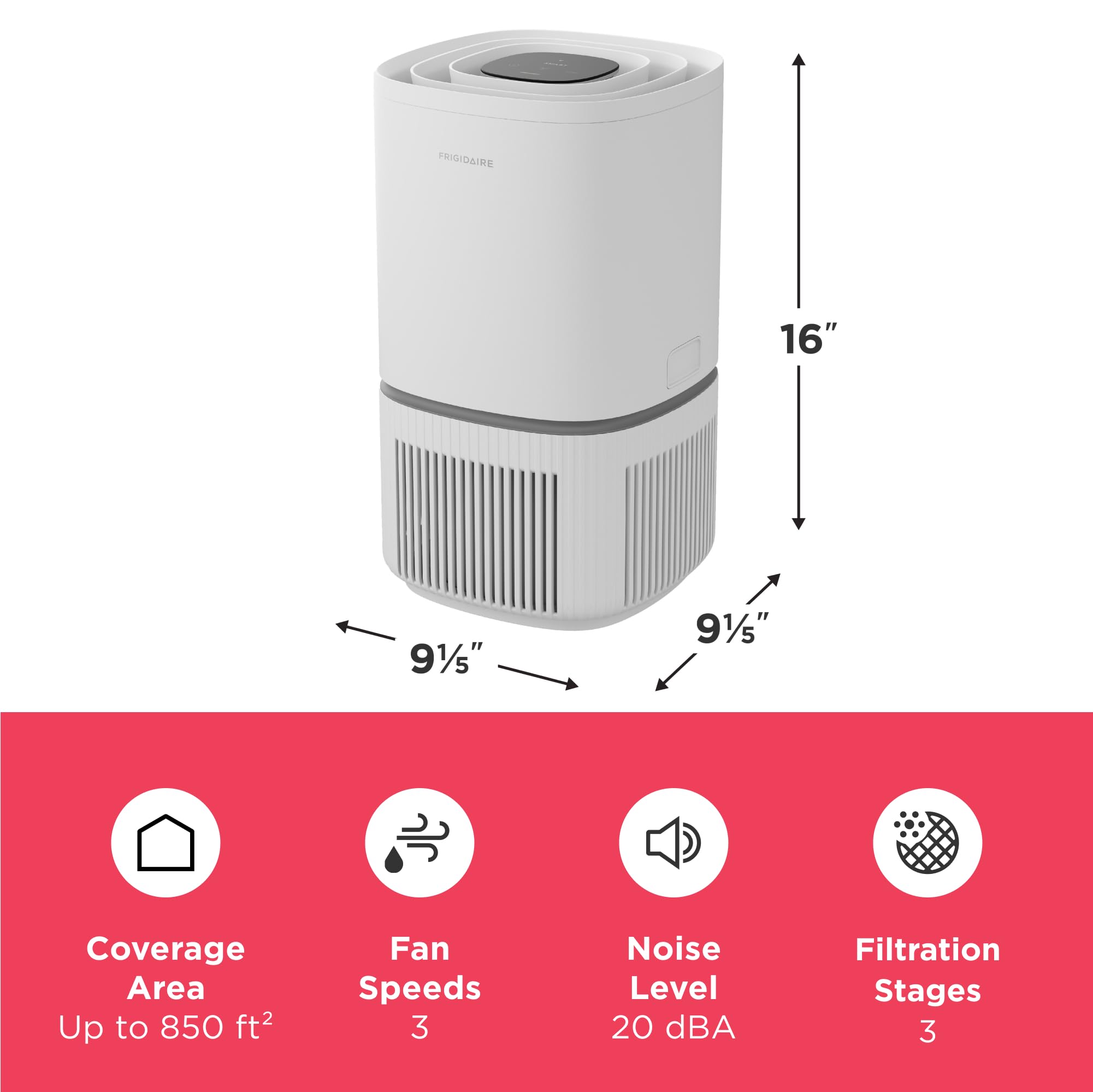 Frigidaire PureA300 HEPA Air Purifier for Small Bedrooms, Covers up to 850 Sq. Ft., 3-Stage Filtration, Energy Star Certification, Air Quality Monitoring, Smart Mode, Ultra Quiet, White