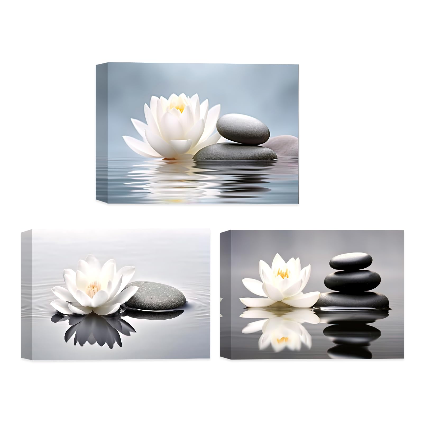 Photo 1 of CCWACPP Zen Canvas Wall Art 3 Piece White Lotus and Black Zen Stones Picture Prints for Yoga Spa Meditation Spiritual Room Bathroom Decor Frame (12x16inchx3P)