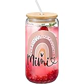 Yipaidel Mimi Rainbow Transparent Glass Cup 16 OZ —— Bamboo Lid & Straw, The Travel Glassware Gift for Birthday Christmas Mother's Day New Year Thanksgiving, Any Hot and Cold Drinks