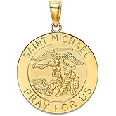 JewelryWeb 14k Solid Gold Saint Michael Medal Pendant Necklace High Polish and Satin Finish Round 28.6mm long Pendant for Women