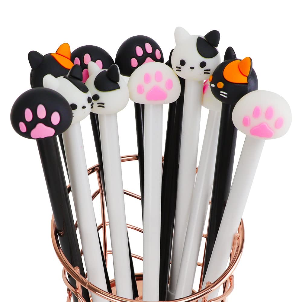 12 Pcs Cute Cat Themed Black Gel Pens, Kawaii Stationery Set, Gifts for Women and Girls, School Supplies, Kids Party Bags (Cat A)