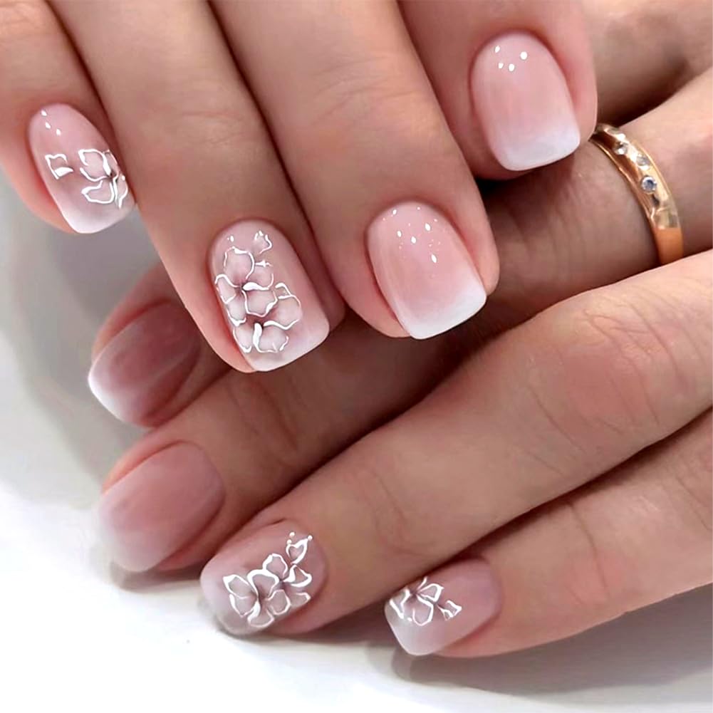 RUPOFUZA Acrylic Press on Nails Short Square Fake Nails White Ombre Glue on Nails Short False Nails with Flower Gloss Designs Nails Press on Artificial Nails Stick on Nails for Women 24Pcs