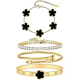 MEIERYA Gold Plated Bracelet Set, 4-Piece Floral Tennis Bracelet Collection with Crystal Rhinestones, Twisted Cable Bangle, Adjustable, 7.5 Inches