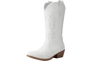 Rollda Women's Cowboy Boots Snip Toe Cowgirl Boots Embroidered Mid-Calf Western Boots Ladies Distressed Boots with Pull-Up Tabs