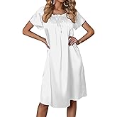 Ekouaer Women's Satin Silk Pleated Nightgown Loose Sleepwear Printed Nightshirt Short Sleeve Sleep Dress