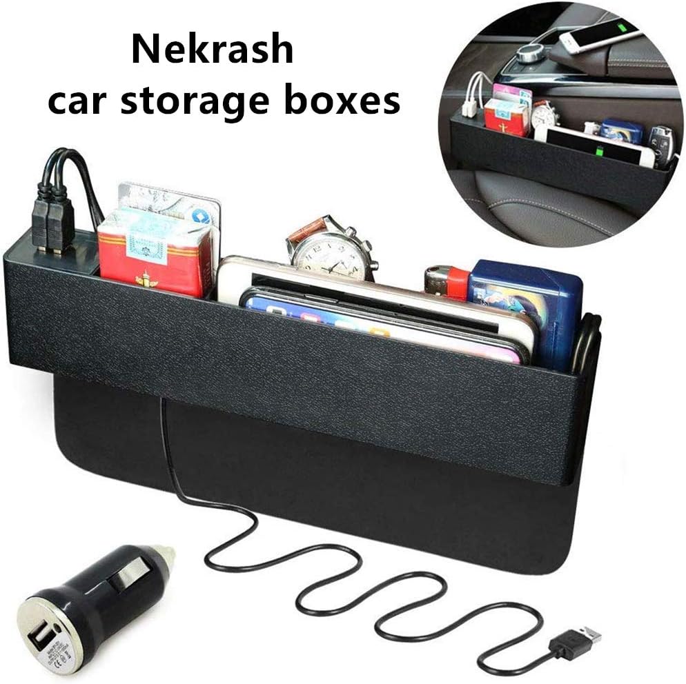 Nekrash Car Seat Side Box with 2 USB Chargers, Seat Side Catcher Multi-Compartment, Car Storage Organizer for Mobile Phones, Keys, Cards, Wallets, Coins Black (Black)