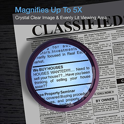 MagniPros 5X Ultra Bright LED Magnifying Glass Dome Magnifier with Cleaning Pouch & 2 Extra Replacement Batteries-Large Viewing Area, Ideal for Reading Small Print, Papperweight, Low Vision(Pink)