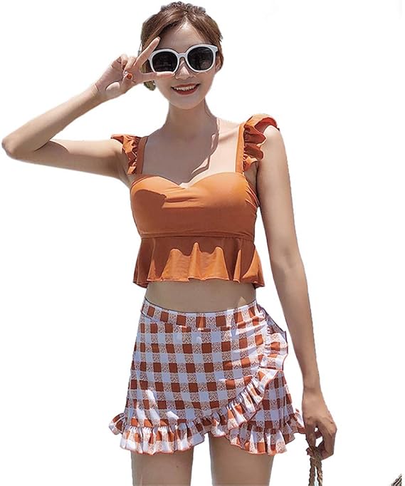 Amazon Inoury 水着 レディース タンキニ セパレート 体型カバー 2点セット バスト盛れる ワイヤー フレア フリル かわいい L オレンジ タンキニ 通販