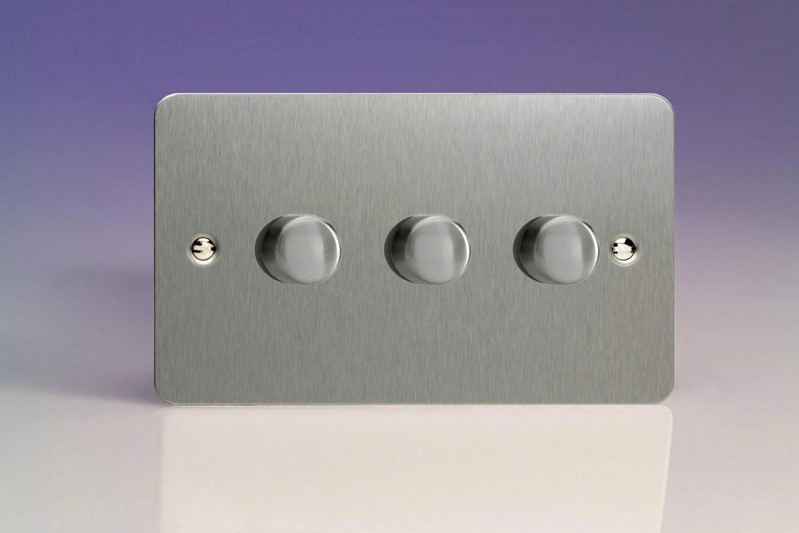 Varilight 3-Gang 2-Way V-Pro Push On/Off Rotary LED Dimmer 3 x 0-120W (Twin Plate) Brushed Steel