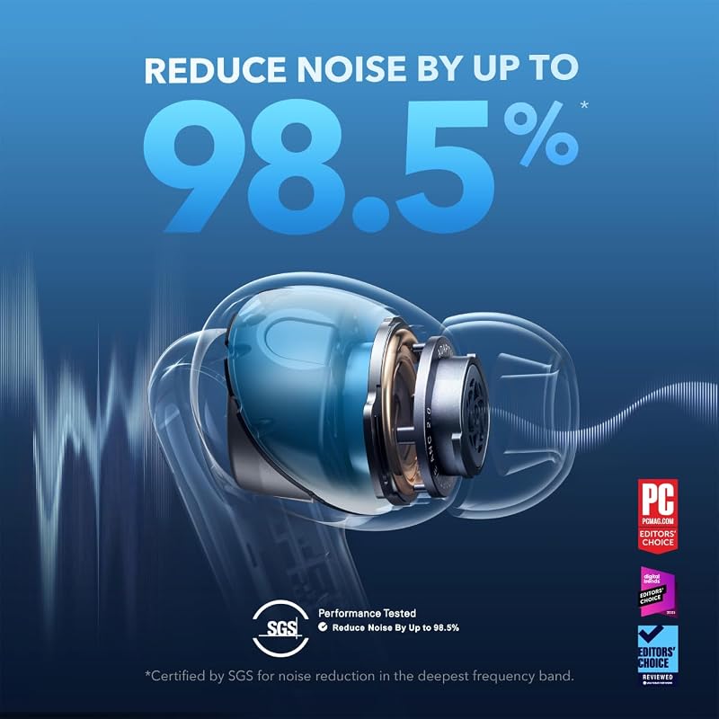 Soundcore by anker liberty 4 nc fones de ouvido bluetooth sem fio, 98,5% de redução de ruído, cancelamento de ruído adaptável aos ouvidos e ao ambiente, áudio de alta resolução, 50 horas, carregamento sem fio, bluetooth 5.3