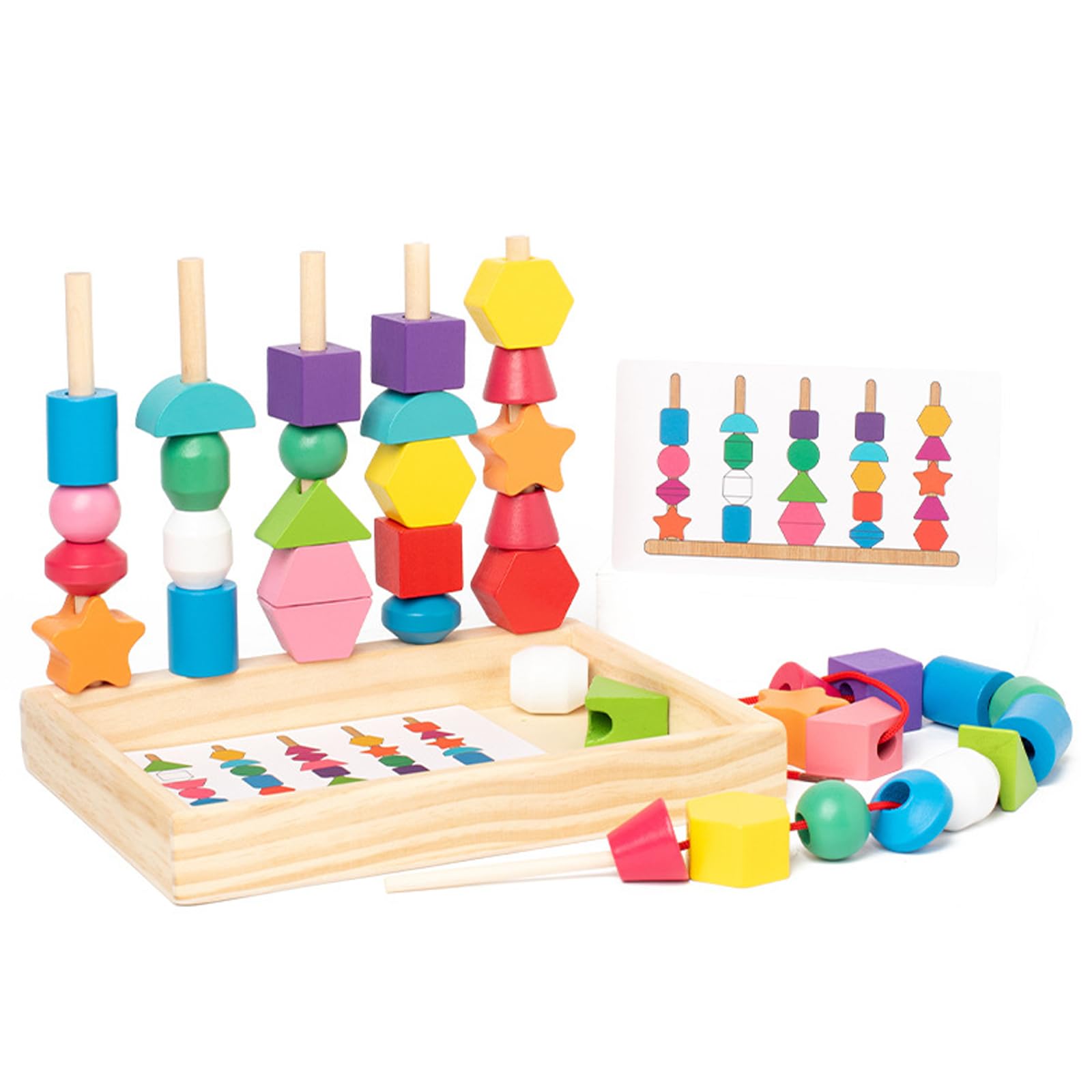 SiumPklay Threading Toys for 2 3 4 5 Year Olds, Montessori Wooden Lacing Beads & Stacking Blocks, Fine Motor Skills Toys for Toddlers, Travel Game with Pattern Cards and Storage Box