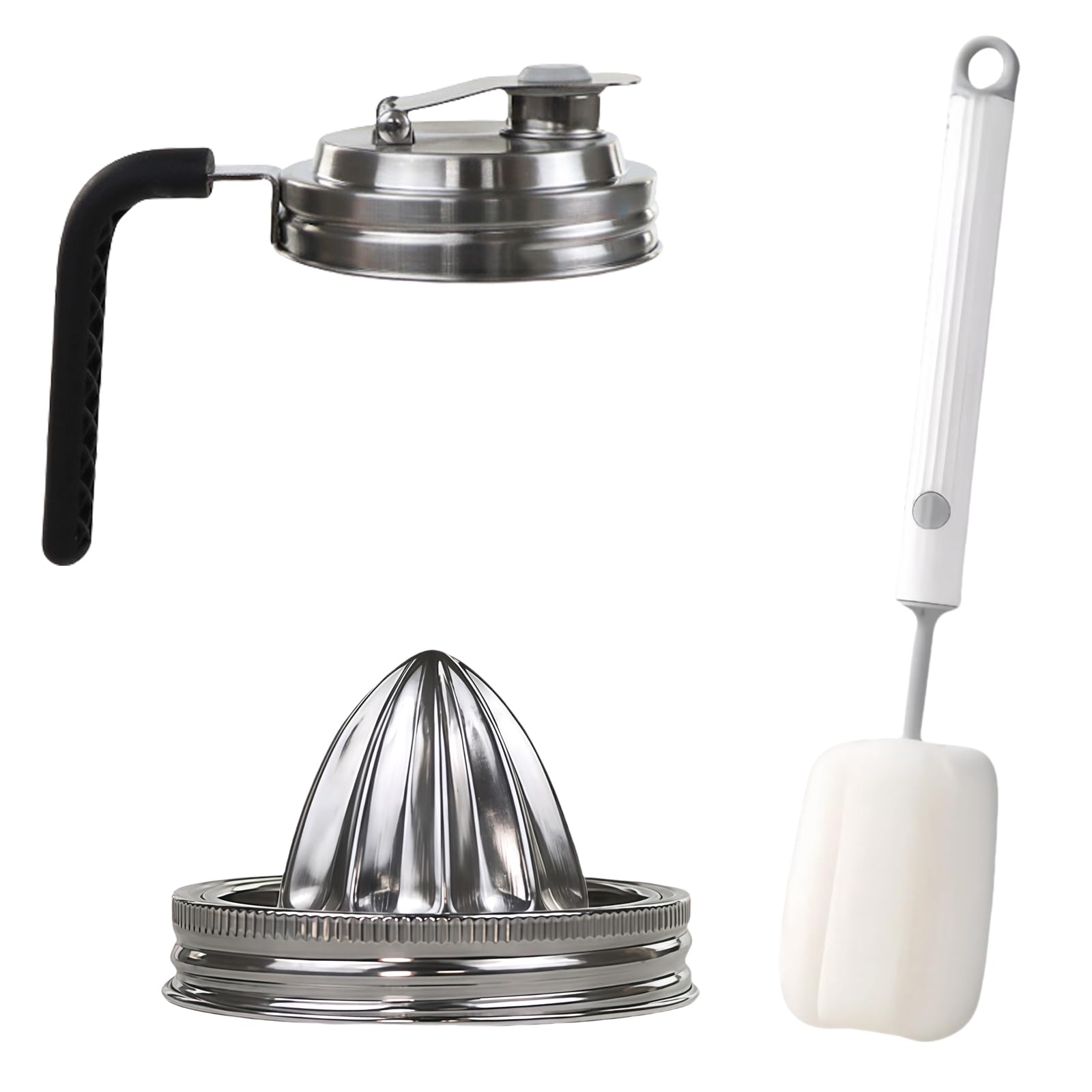 Photo 1 of Stainless Steel Mason Jar Pour Spout & Juicer Lid, Reusable Leaking Proof Flip Cap with Handle, Citrus Reamer for Wide Mouth Jars - Includes Bottle Cleaning Brush