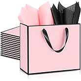 ReliThick 12 Pack Metallic Paper Gift Bag with Handles and Tissue Paper 11.8 x 10 x 4'' Thank You Favor Bag for St. Patrick's Day Wedding Bridesmaid Groomsman 5 Senses Gifts (Pink,Black)