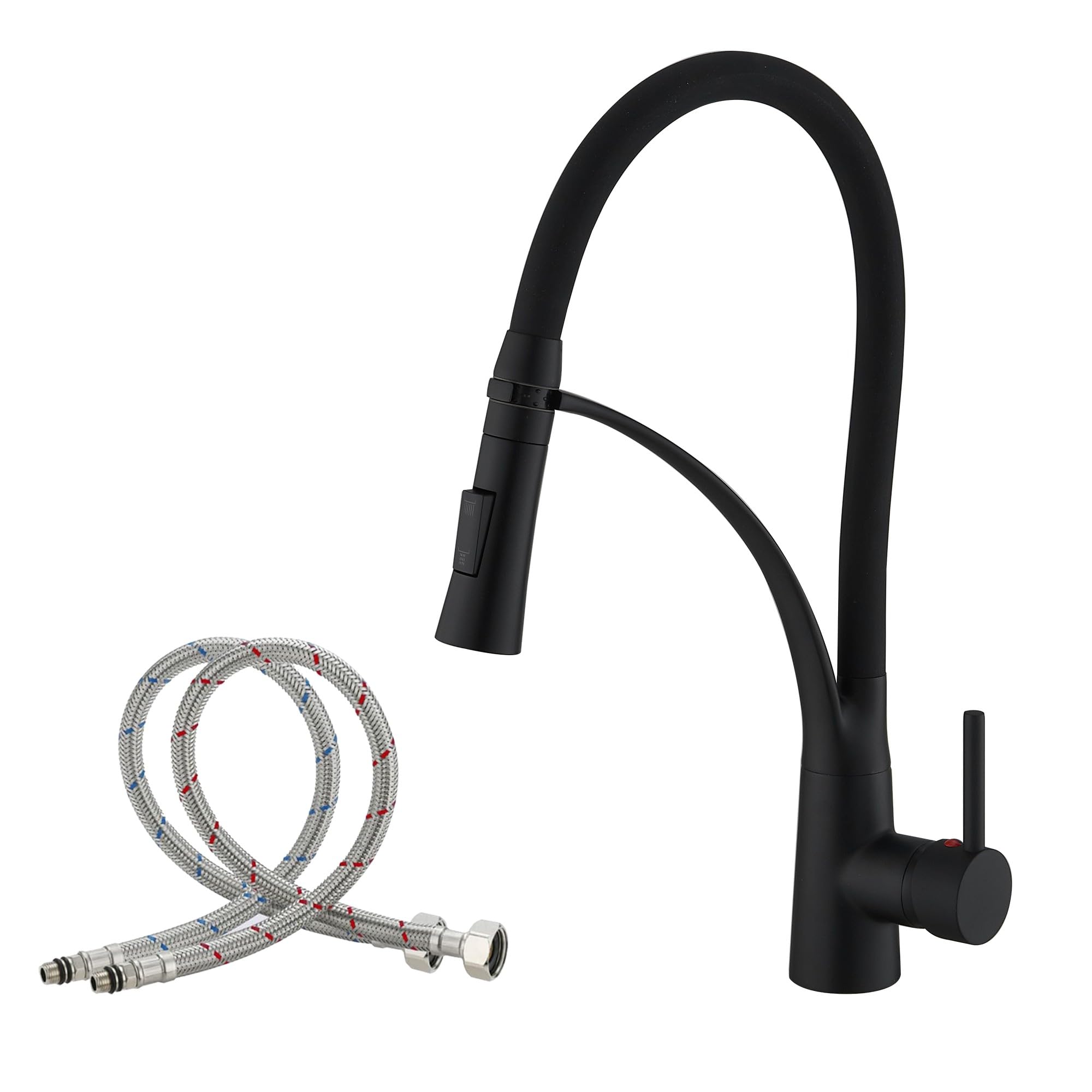 Haiba Matte Black Kitchen Sink Tap with Pull Down Dual Function Sprayer, Single Lever Swivel Kitchen Mixer Taps with Black Silicone Hose, Solid Brass