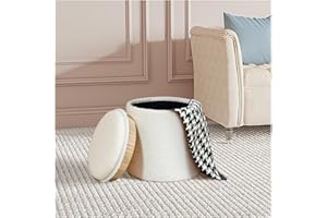 PINPLUS Storage Ottoman with Tray, Teddy Velvet Ottoman for Living Room, Bedroom, Dorm Round13.4"x13.4"x15" (White)