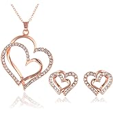 14K Rose Gold Silver Double Heart Shaped Necklace Shiny Crystal Stud Earrings Wedding Jewelry Set Best Gifts-Gold Set
