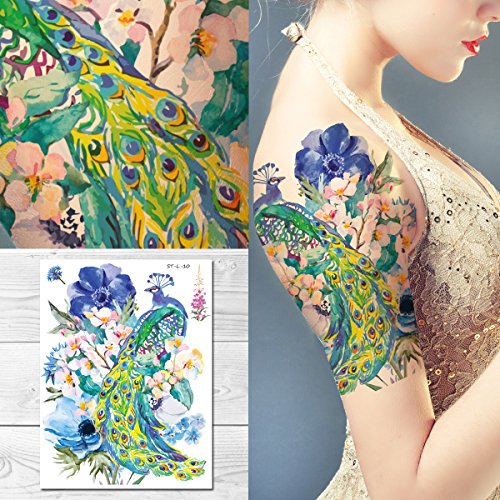 Supperb Temporary Tattoos - Watercolor Dream of peacock & Blue Flowers