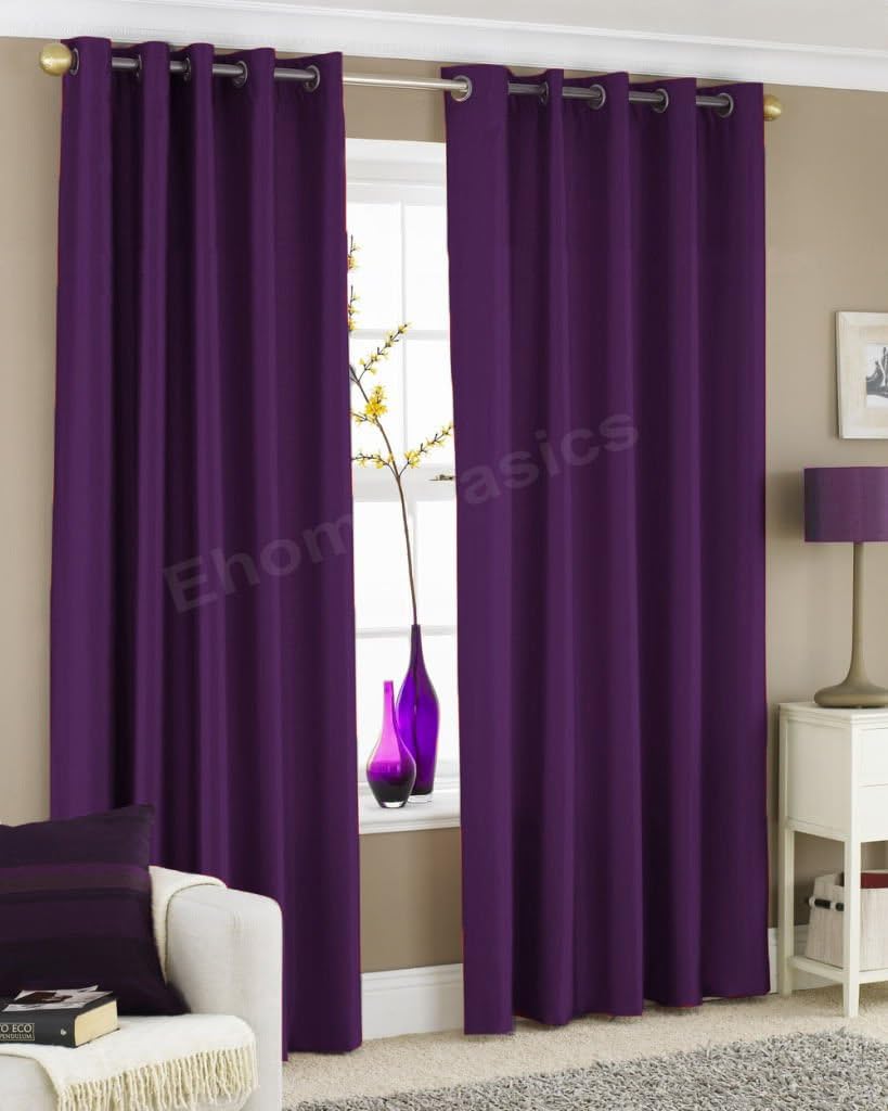 High Quality Plain Faux Silk Pair Of Eyelet Fully Lined Curtains With FREE Tie Backs (Plum, 90x90 Inches) by AFL