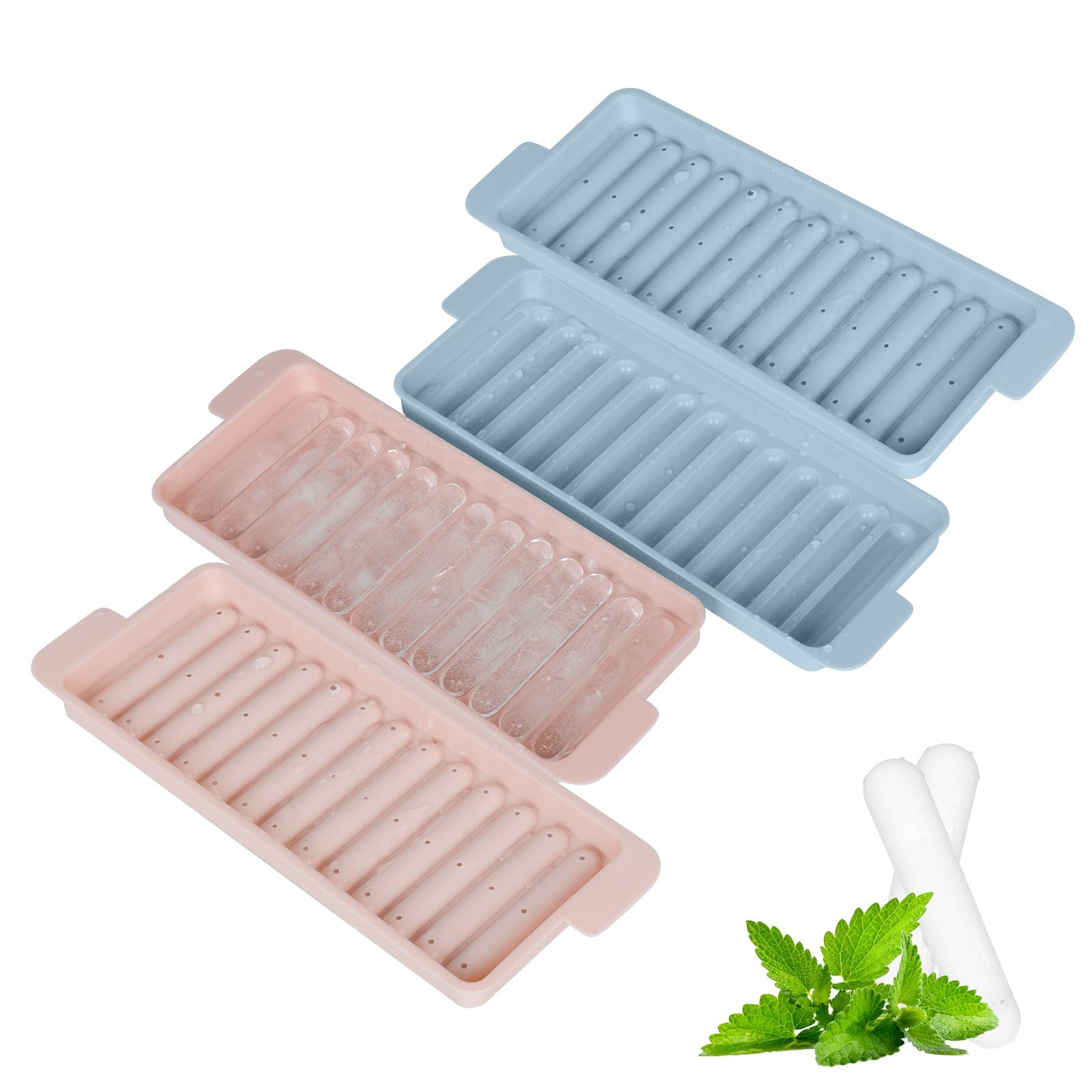 2 Pcs Thin Ice Cube Tray for Bottles, Ice Stick Tray with Lid, Easy Release Water Bottle Ice Cube Trays, Long Ice Cube Making Moulds for Cocktails Whisky Summer Drink (Pink+Blue)
