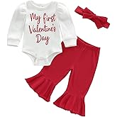 Thorn Tree My First Valentines Day Baby Girl Outfit Bubble Long Sleeve Romper Onesie Flare Pants Baby Bows Newborn Outfits