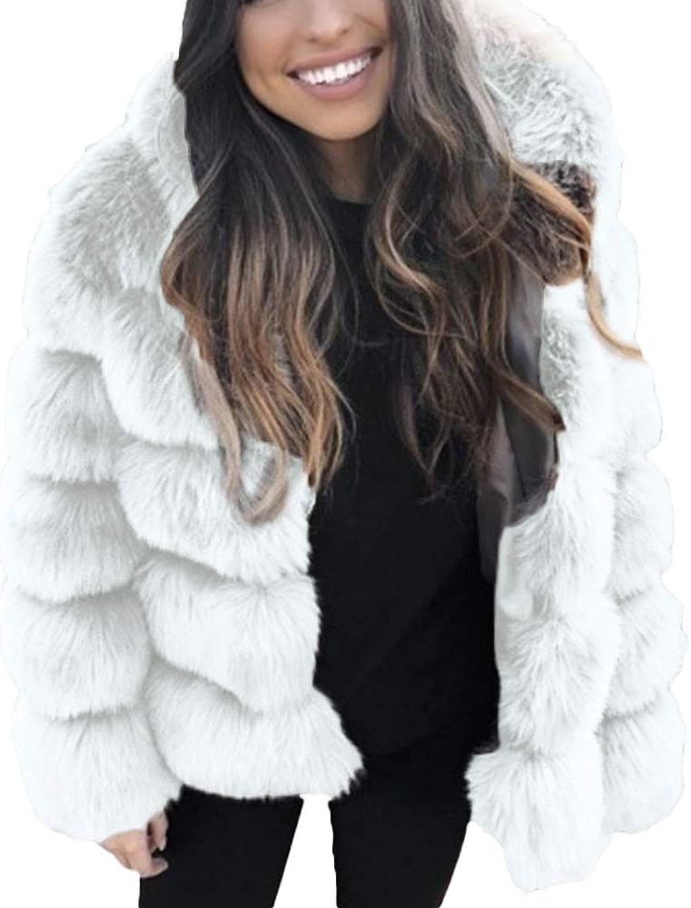 Women Fluffy Coat,Popular Fleece Warm Outwear Long Sleeve Hooded Cardigan Oversize Luxury Faux Fur Jacket