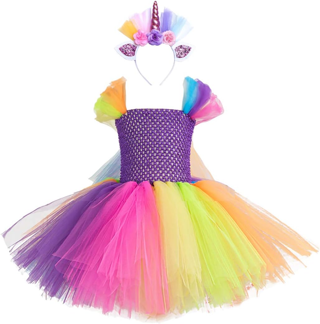 Cmiko Rainbow Ribbon Tutu Skirt Costume Onesie Dress Ballet with Unicorn Headband for Girl