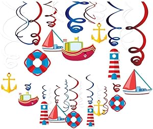 KRISTIN PARADISE 30Ct Nautical Hanging Swirl Decorations, Ahoy Boy Birthday Ceiling Streamers, Baby Shower Theme, Sailor Party Supplies, Cruise Kids Favors, Anchor Sailboat Yacht 1st First Bday Decor
