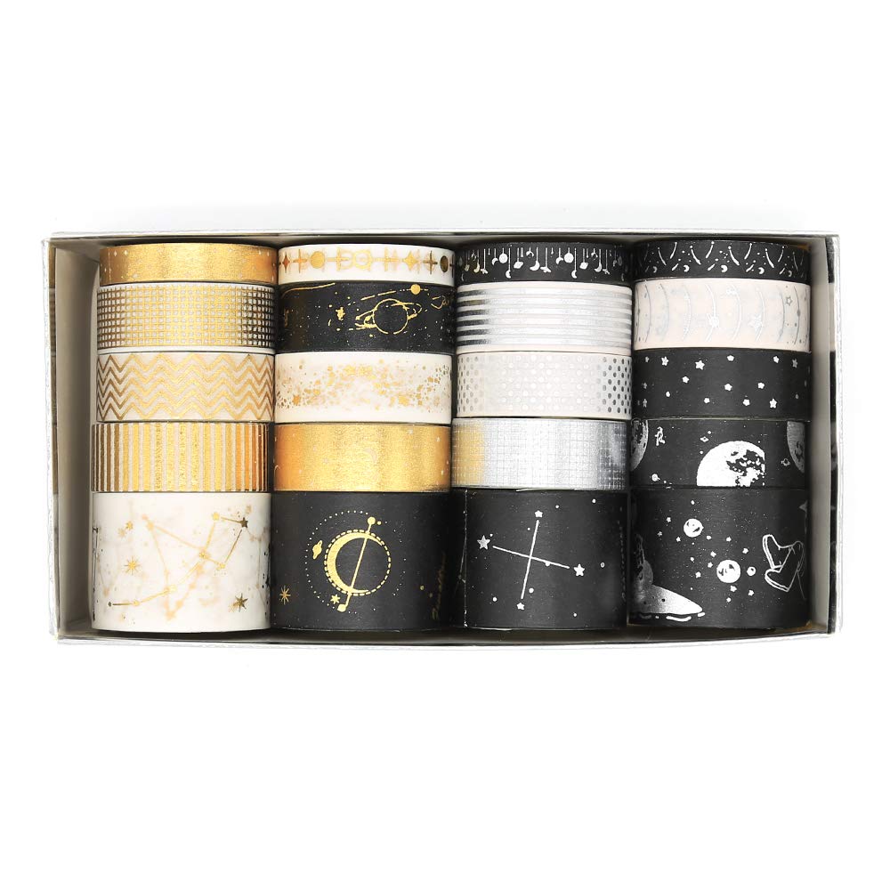 Gold Foil Washi Tape Set - 20 Rolls DIY Decor Japanese Adhesive Masking Tape for Scrapbook, Bullet Journal, Planner, Arts & Crafts, Gift Wrapping