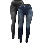 CLOYA Women's Denim Print Fake Jeans Seamless Fleece Lined Leggings, Full Length