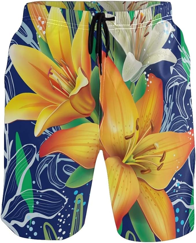 FANTAZIO Orange-weiße Lilienblüten Surf Shorts Strandshorts mit
